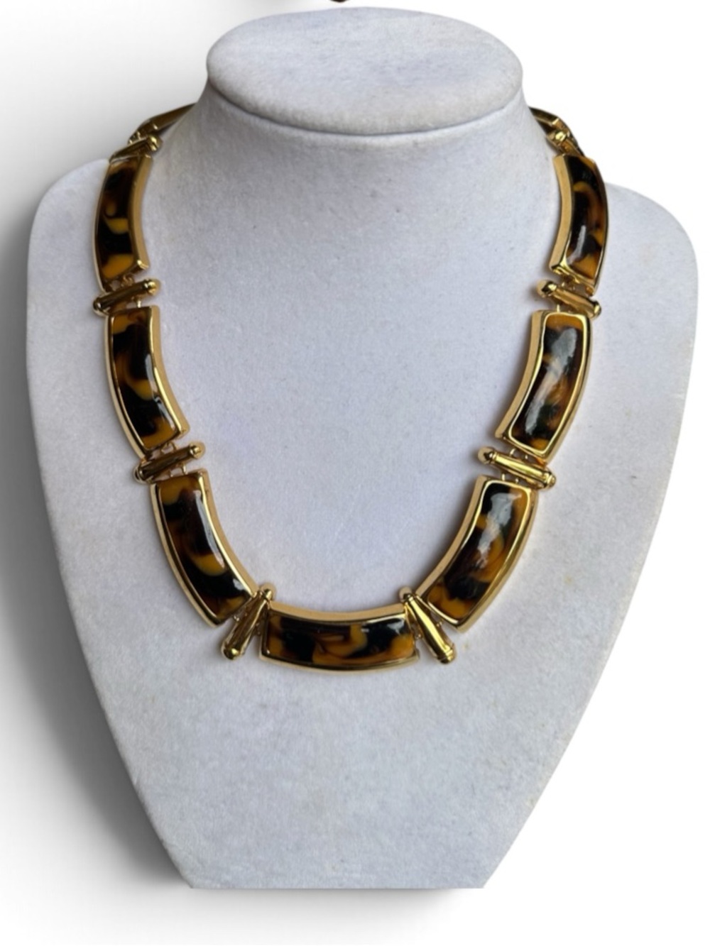 Vintage 1980s Modernist Faux Tortoiseshell Gold Collar Necklace Statement Retro